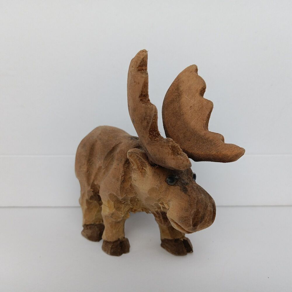 Hand Carved Wooden Moose Figurine Unfinished Rustic Collectible Miniature